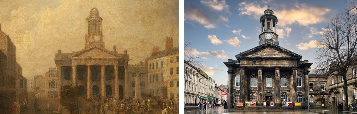painting of classical stone building with columned portico, and photo of the same building.